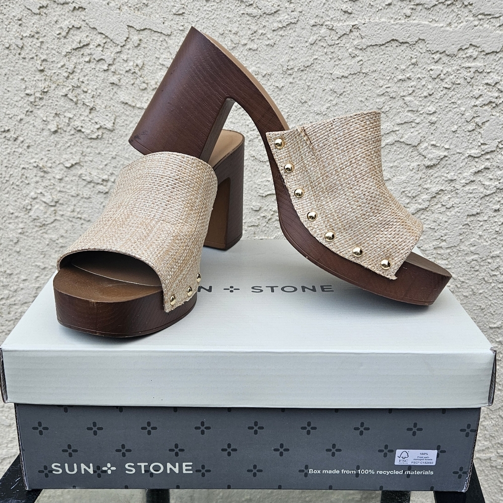 Sun + Stone Women's Tan Heeled Sandals Mules